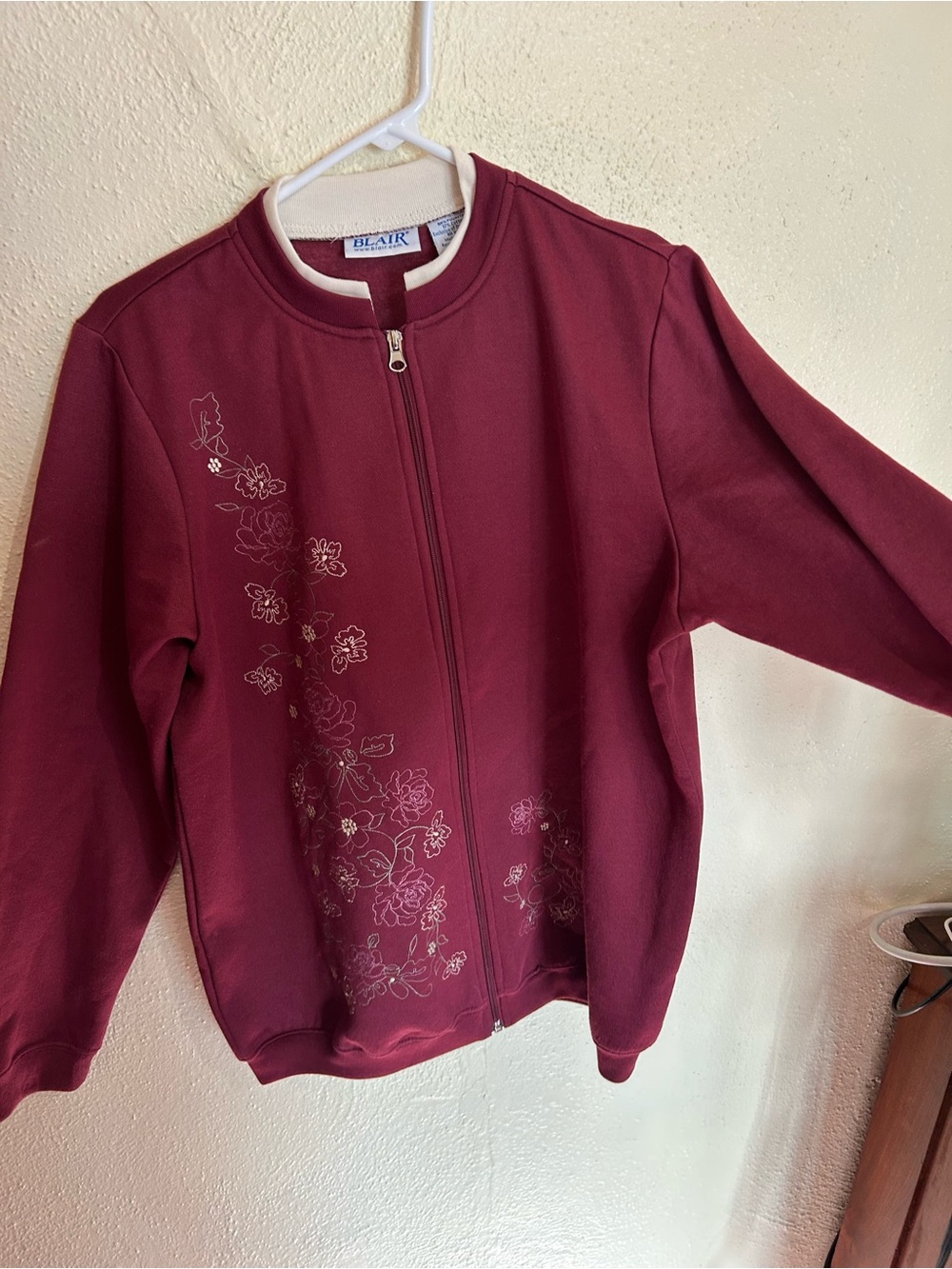 Blair Women's Wine Zip-Front Floral Sweatshirt